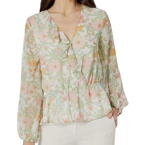 NWT VINCE CAMUTO Ivory Spring Floral Long Sleeve Ruffle Blouse Size X-Large
